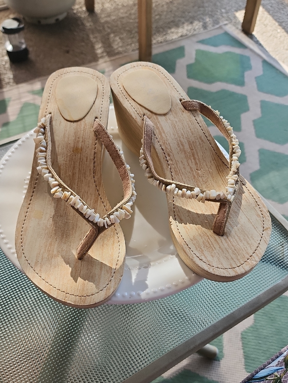 Shell-Embellished Cream Wedge Flip Flops